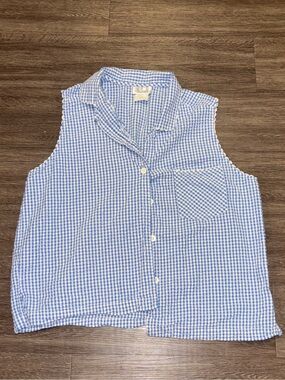 Blue Gingham Sleeveless Button-Up Top